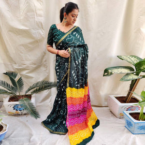 Bottle Green Bandhani Printed Art Silk Saree - Peachmode