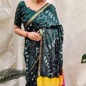 Bottle Green Bandhani Printed Art Silk Saree - Peachmode