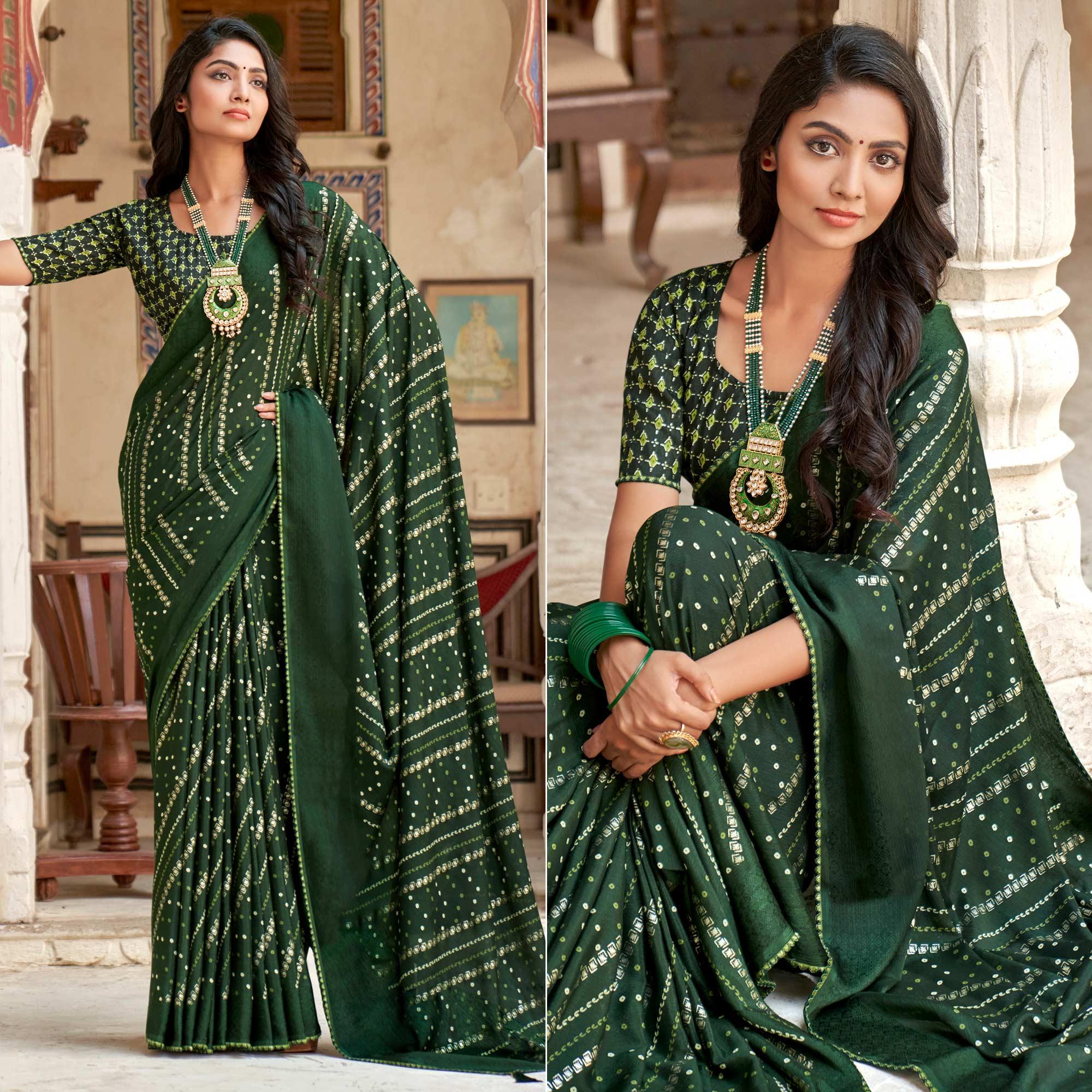 Bottle Green Bandhani Printed Chiffon Saree With Tassels - Peachmode