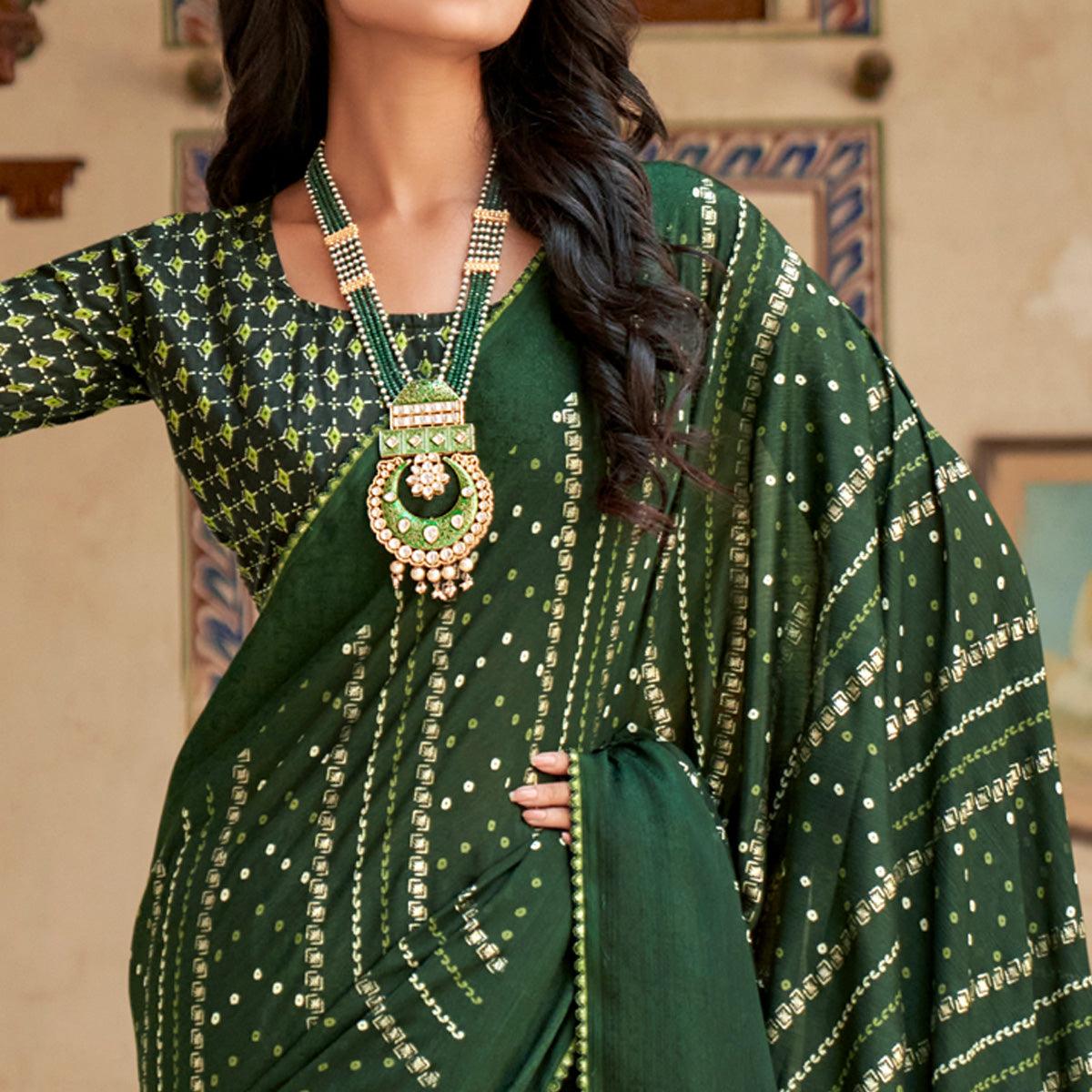 Bottle Green Bandhani Printed Chiffon Saree With Tassels - Peachmode