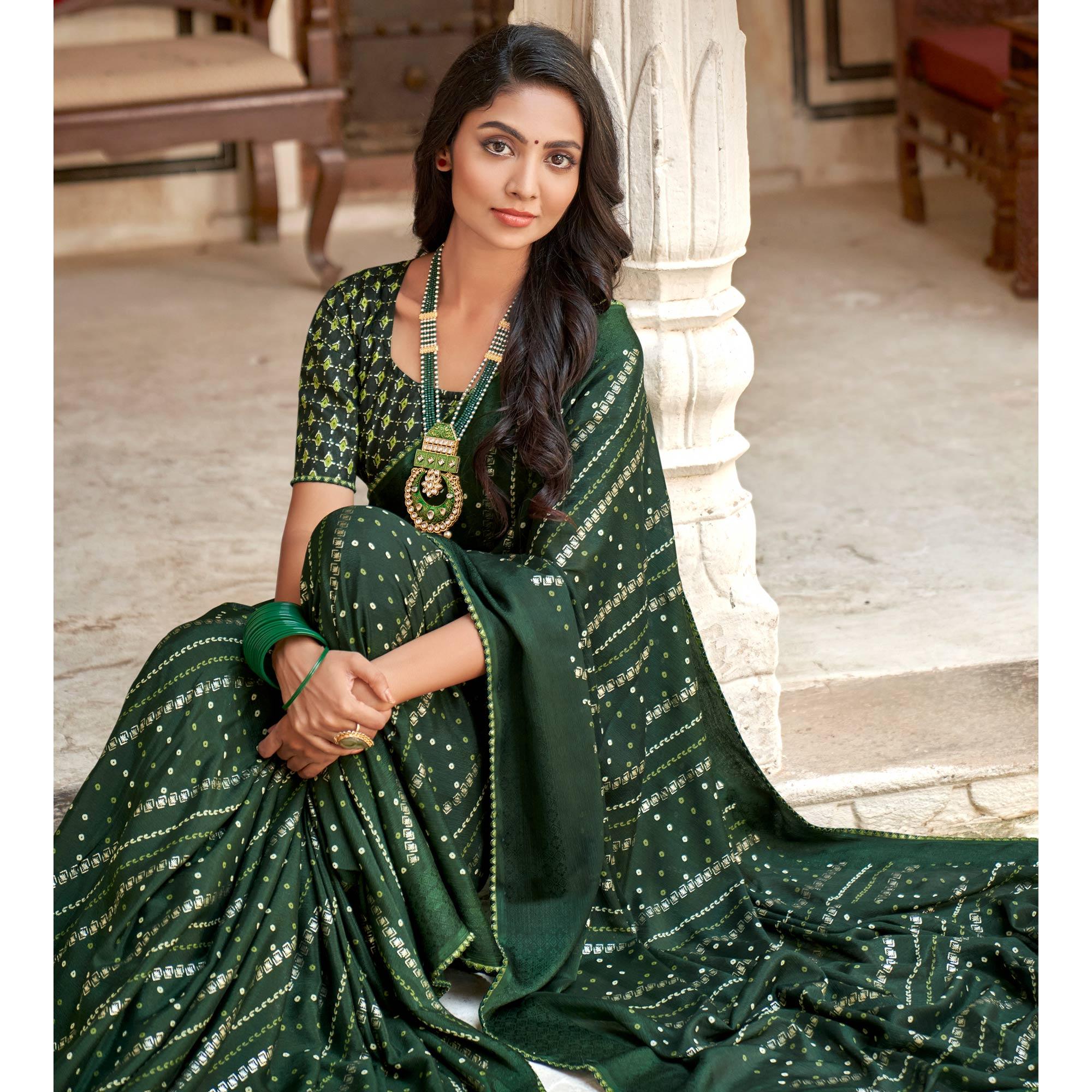 Bottle Green Bandhani Printed Chiffon Saree With Tassels - Peachmode