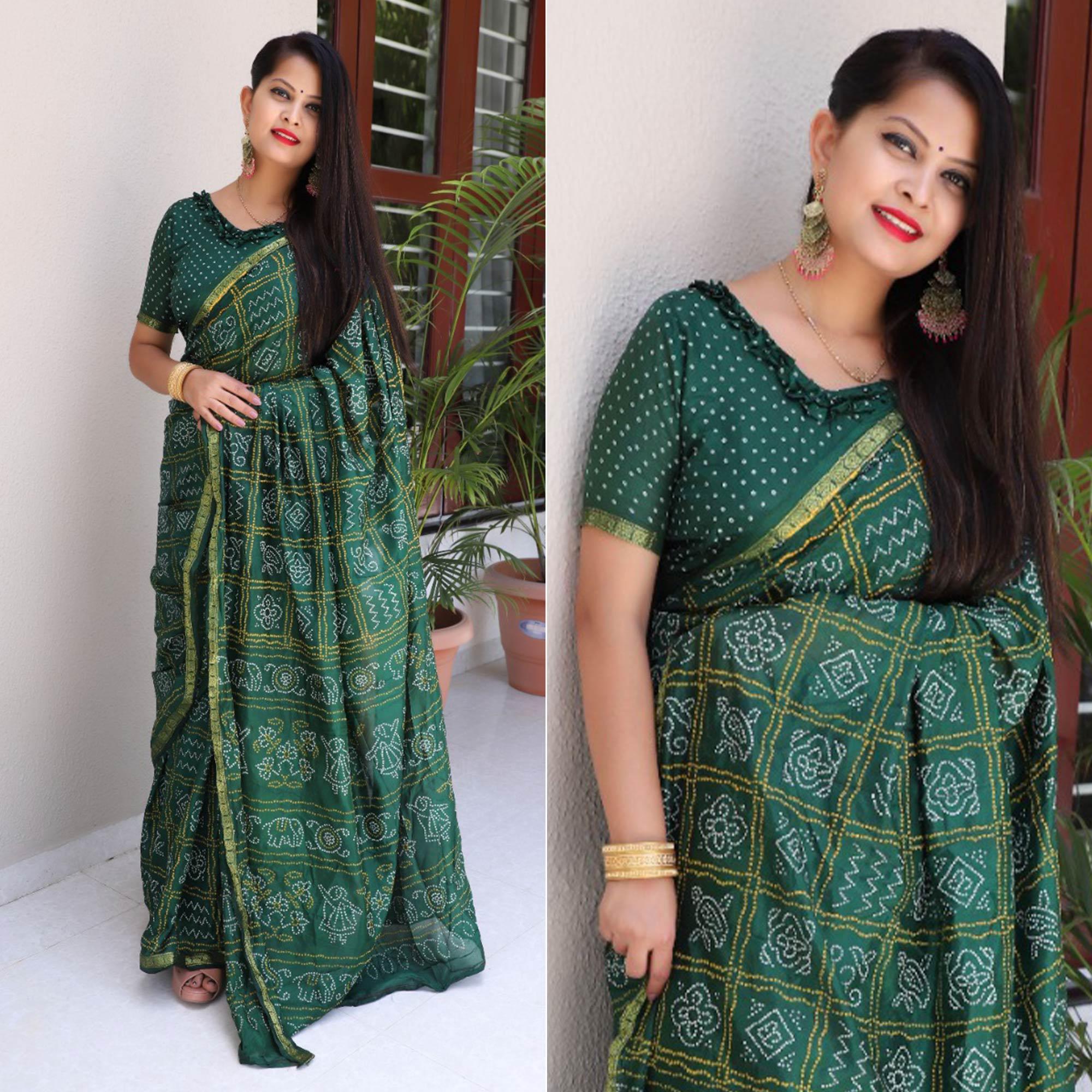 Bottle Green Bandhani Printed With Woven Border Tapetta Silk Saree - Peachmode