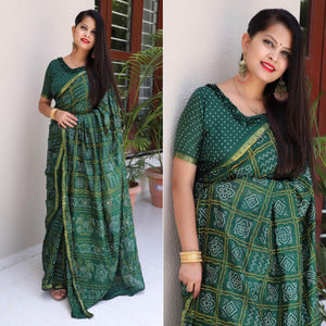 Bottle Green Bandhani Printed With Woven Border Tapetta Silk Saree - Peachmode