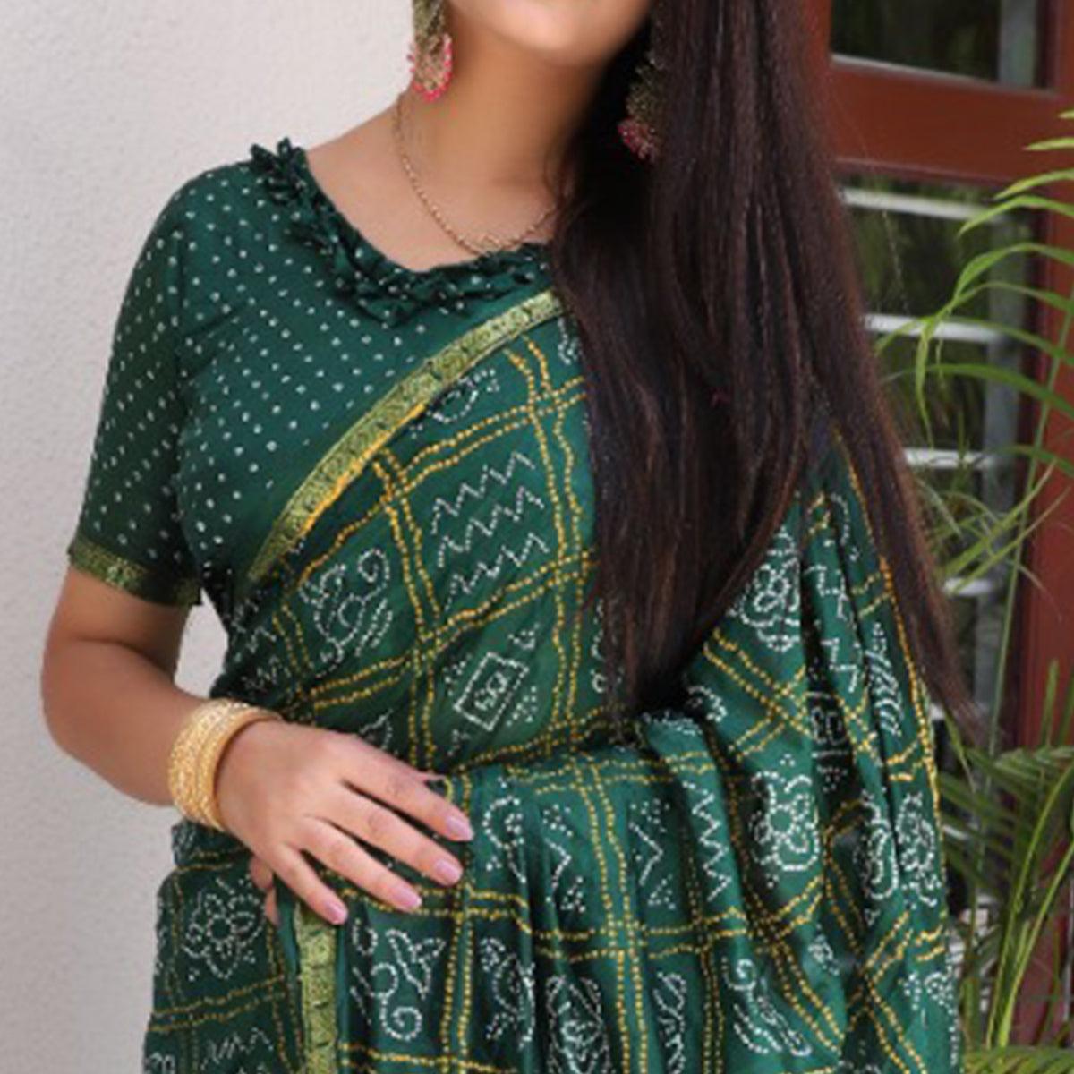 Bottle Green Bandhani Printed With Woven Border Tapetta Silk Saree - Peachmode