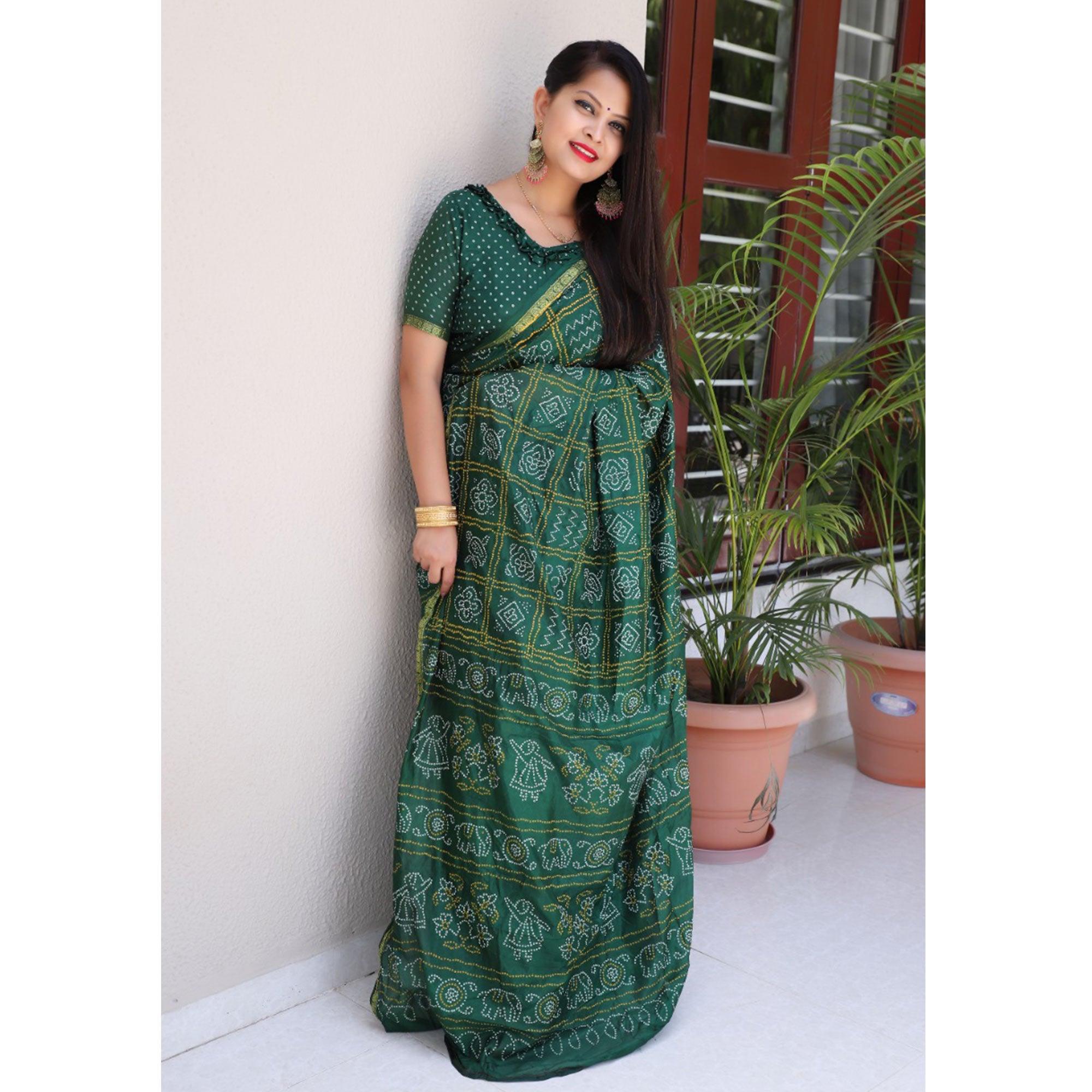 Bottle Green Bandhani Printed With Woven Border Tapetta Silk Saree - Peachmode