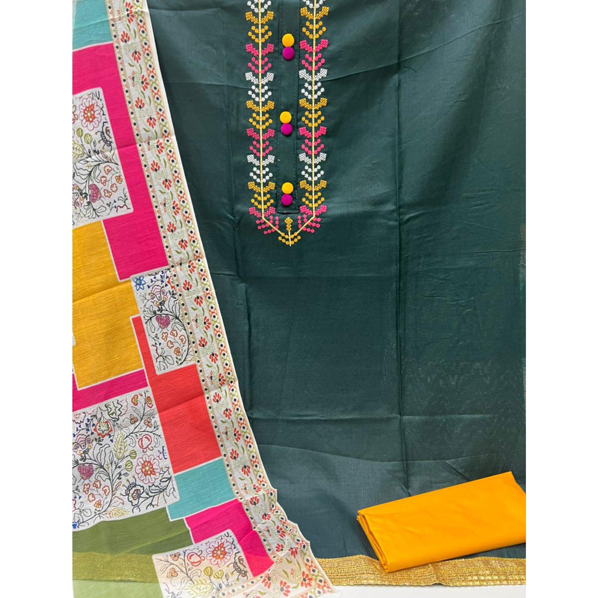 Bottle Green Casual Wear Embroidered Cotton Dress Material - Peachmode