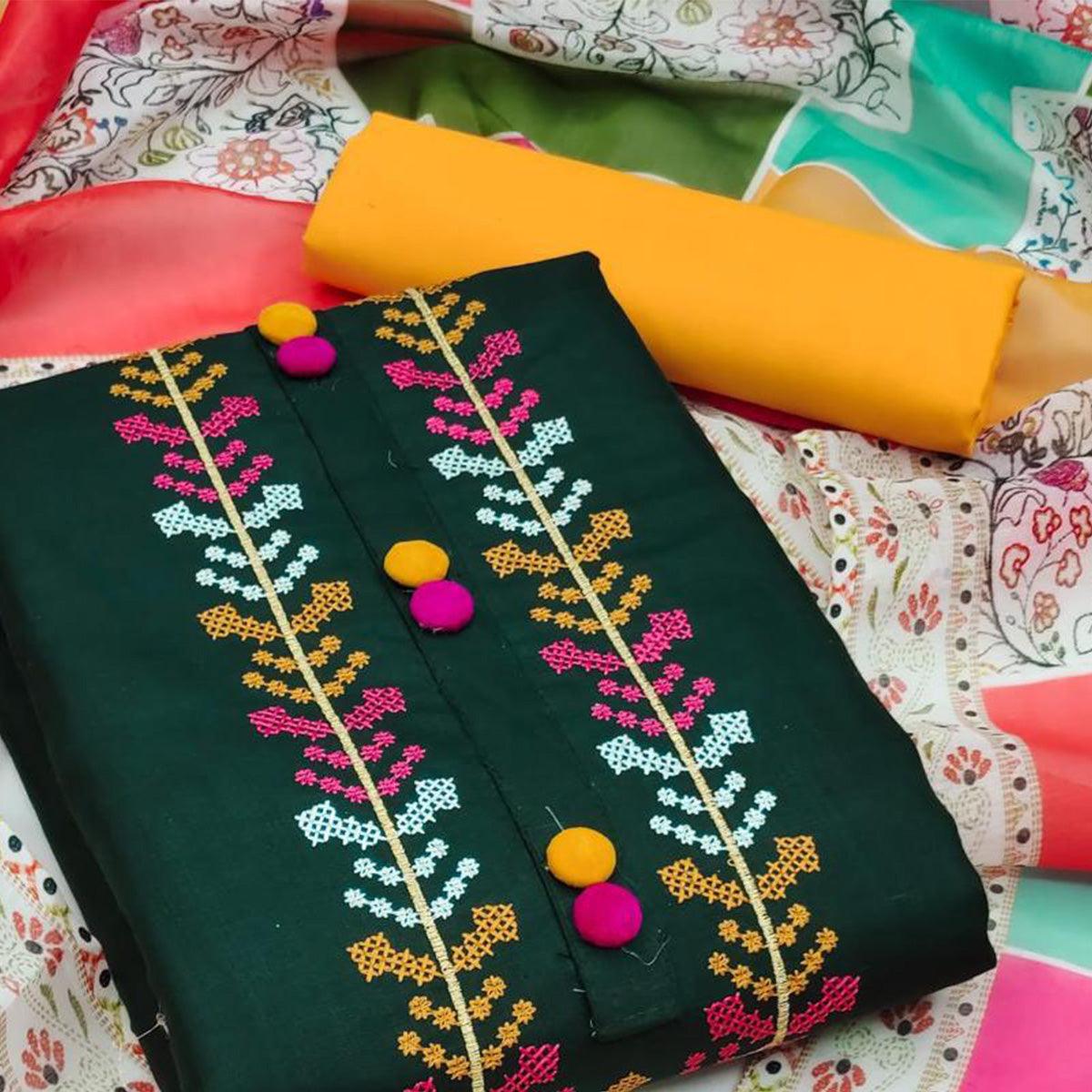 Bottle Green Casual Wear Embroidered Cotton Dress Material - Peachmode