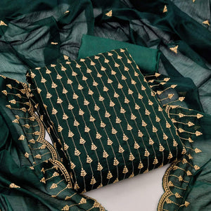 Bottle Green Casual Wear Embroidered Modal Chanderi Dress Material - Peachmode
