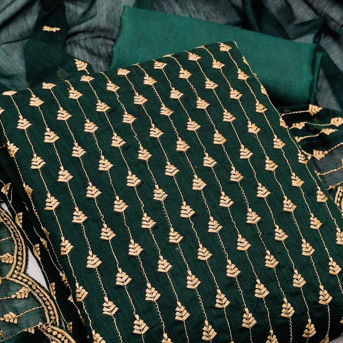 Bottle Green Casual Wear Embroidered Modal Chanderi Dress Material - Peachmode