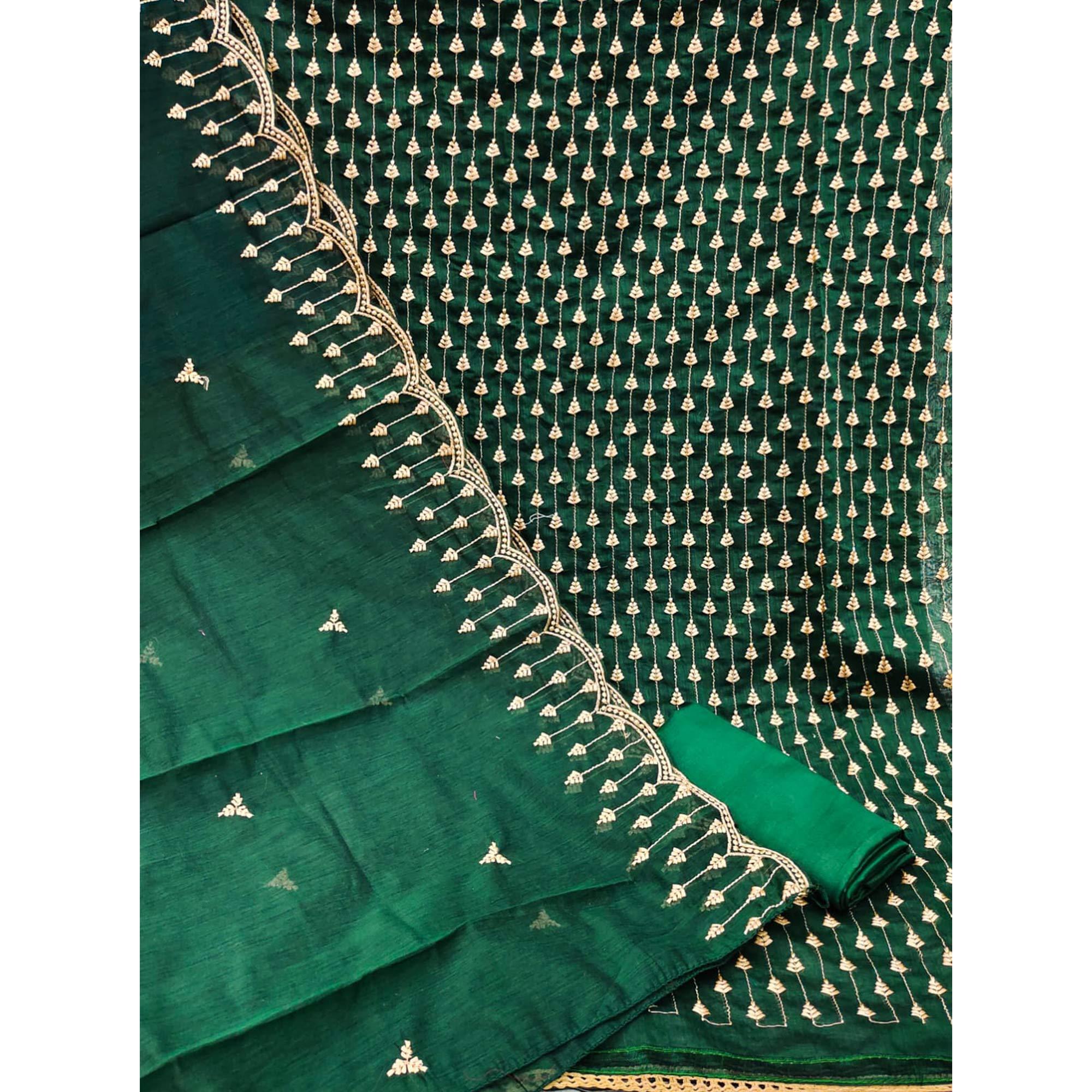 Bottle Green Casual Wear Embroidered Modal Chanderi Dress Material - Peachmode