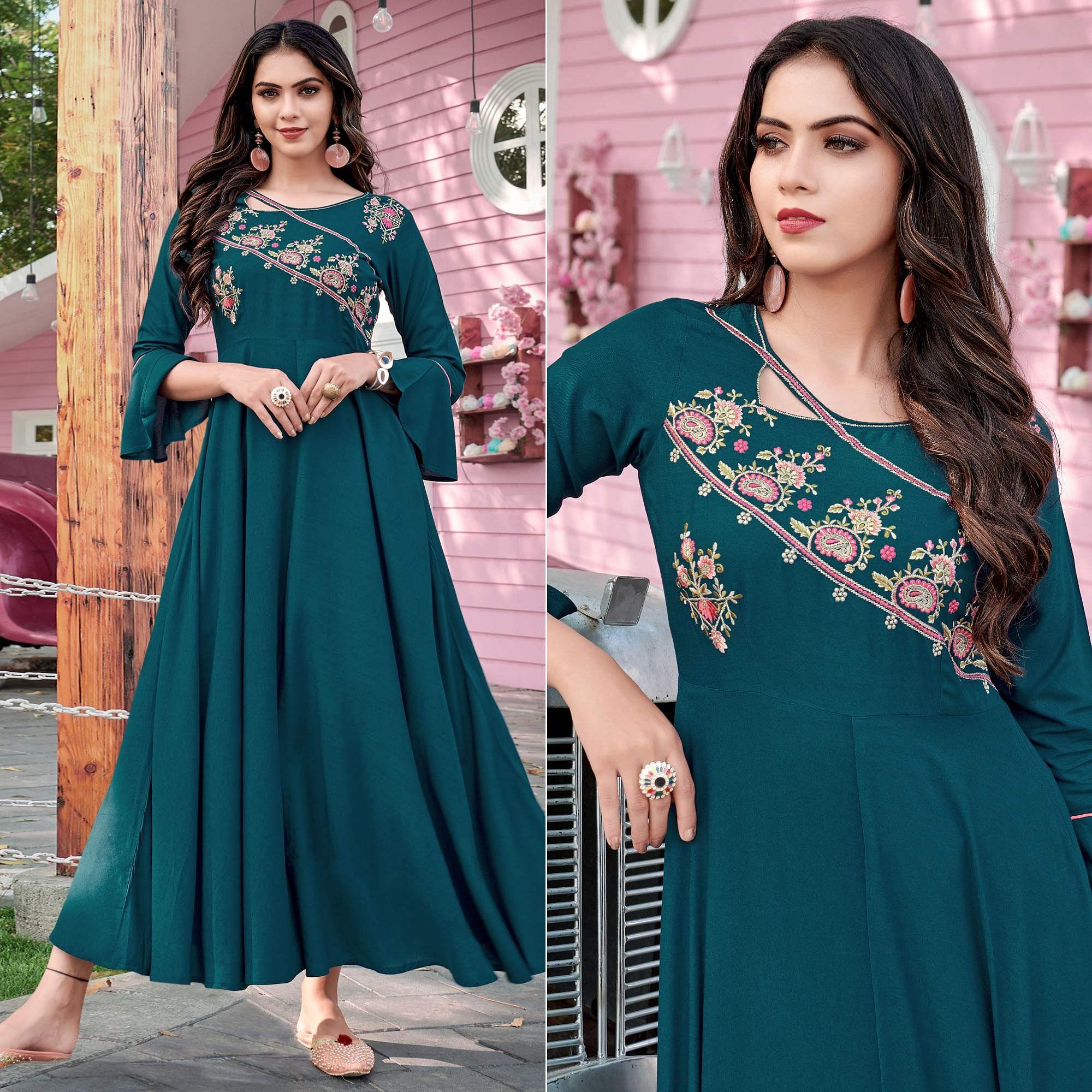 Bottle Green Casual Wear Embroidered Rayon Gown - Peachmode