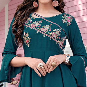Bottle Green Casual Wear Embroidered Rayon Gown - Peachmode