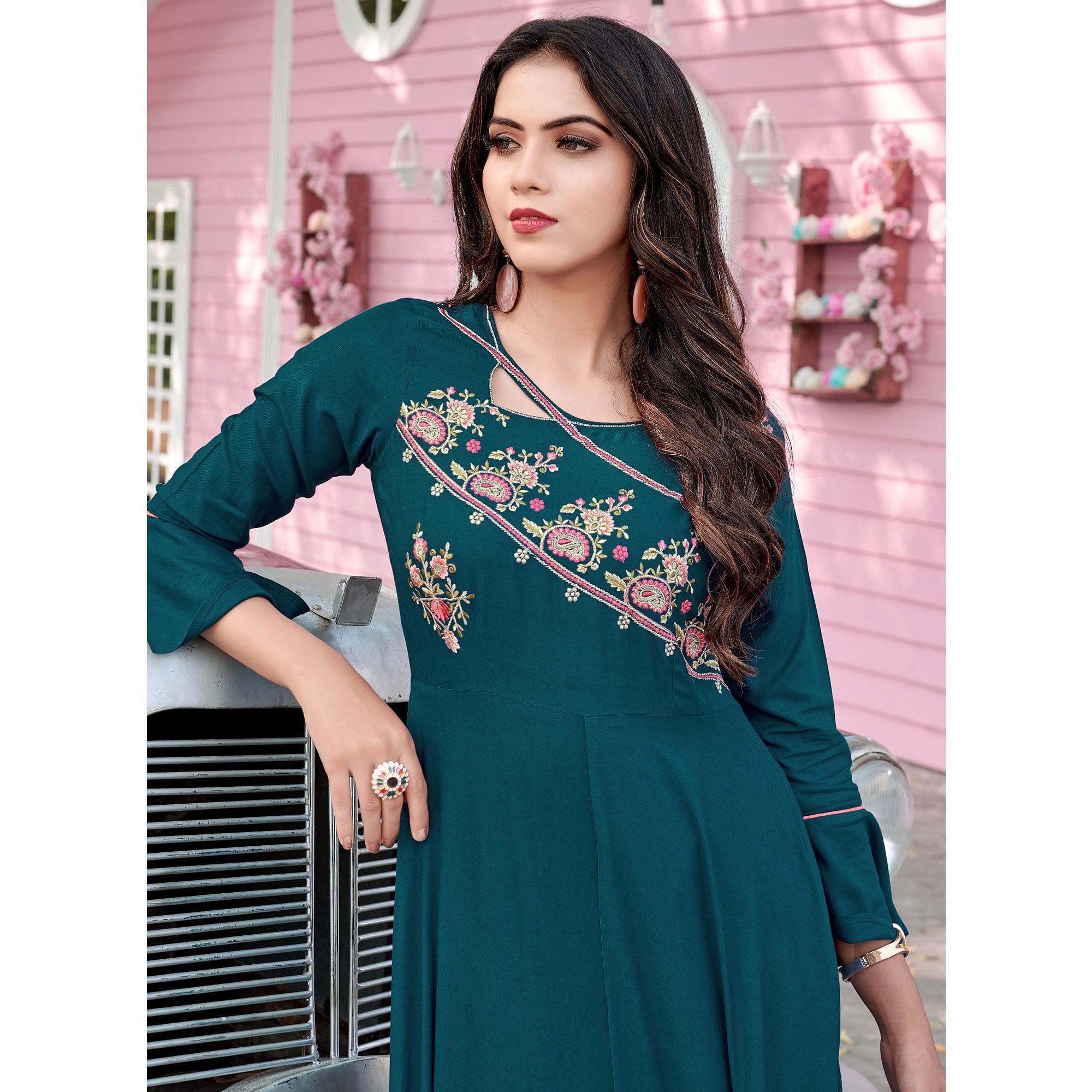 Bottle Green Casual Wear Embroidered Rayon Gown - Peachmode