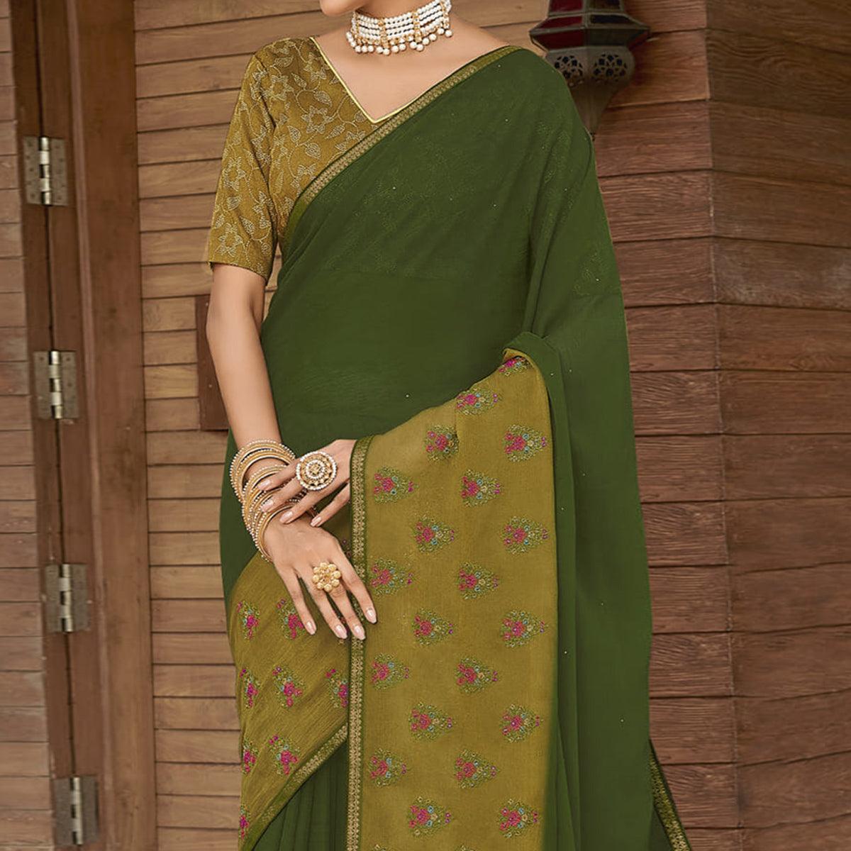 Bottle Green Casual Wear Floral Printed Chiffon Saree - Peachmode