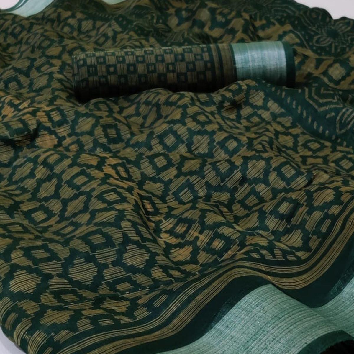 Bottle Green Casual Wear Mill Printed Linen Cotton Saree With Silver Zari Border - Peachmode