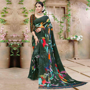 Bottle Green Digital Printed Georgette Saree - Peachmode