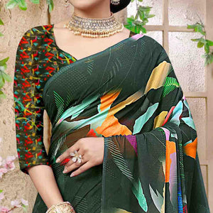 Bottle Green Digital Printed Georgette Saree - Peachmode