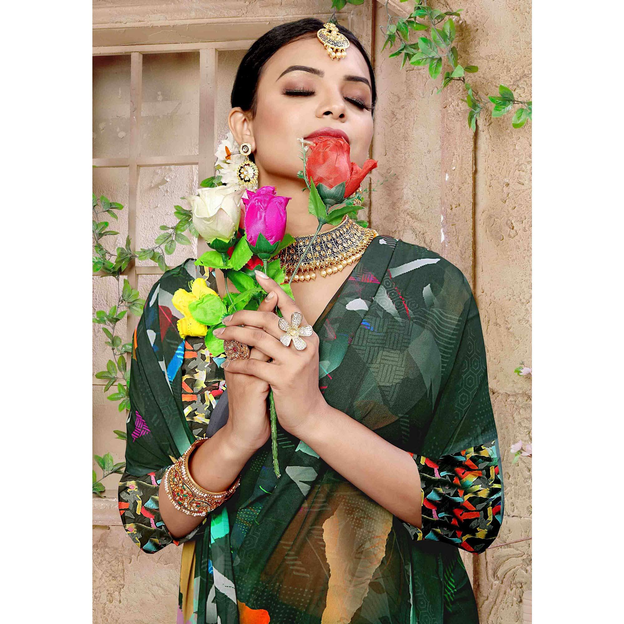 Bottle Green Digital Printed Georgette Saree - Peachmode