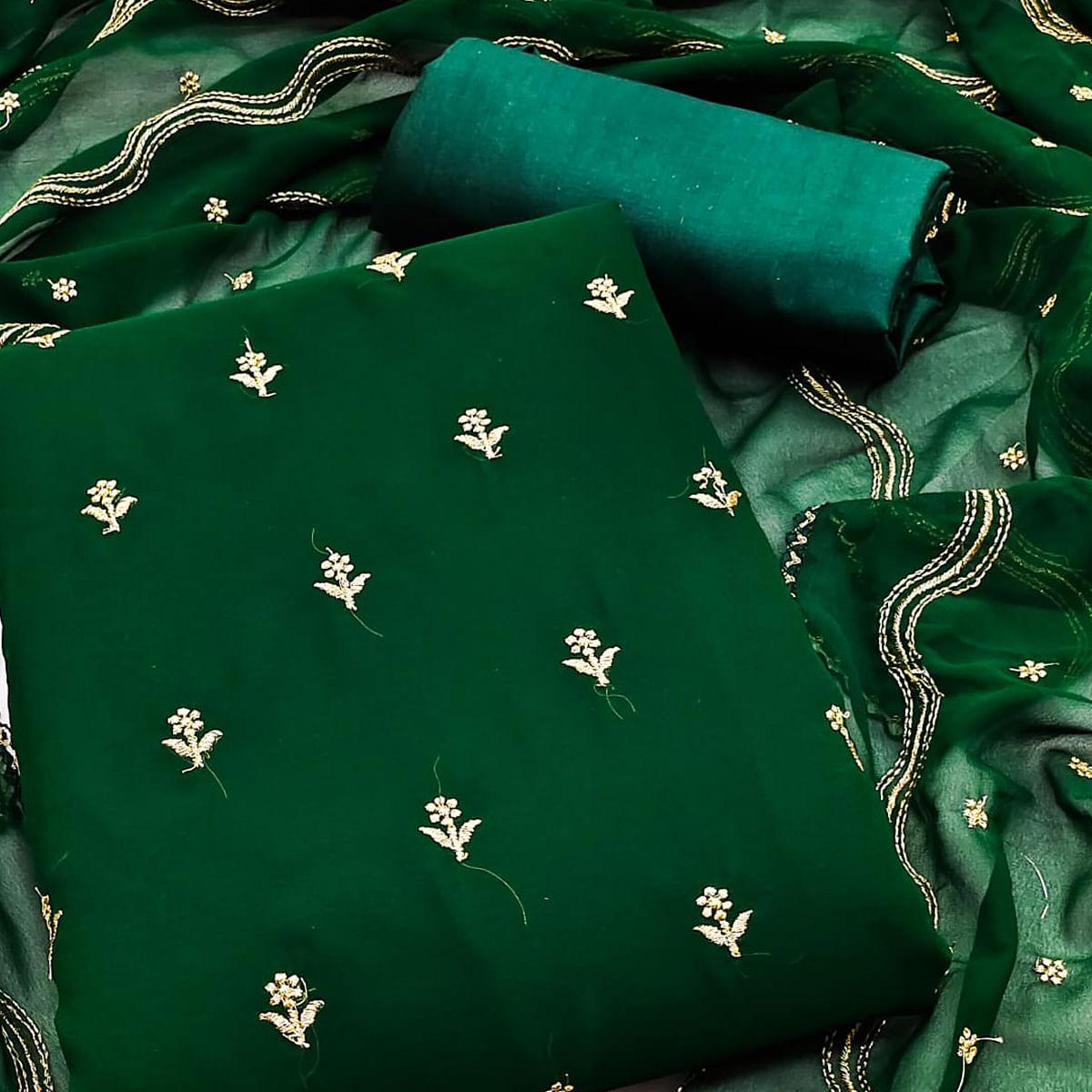 Bottle Green Embroidered Georgette Dress Material - Peachmode