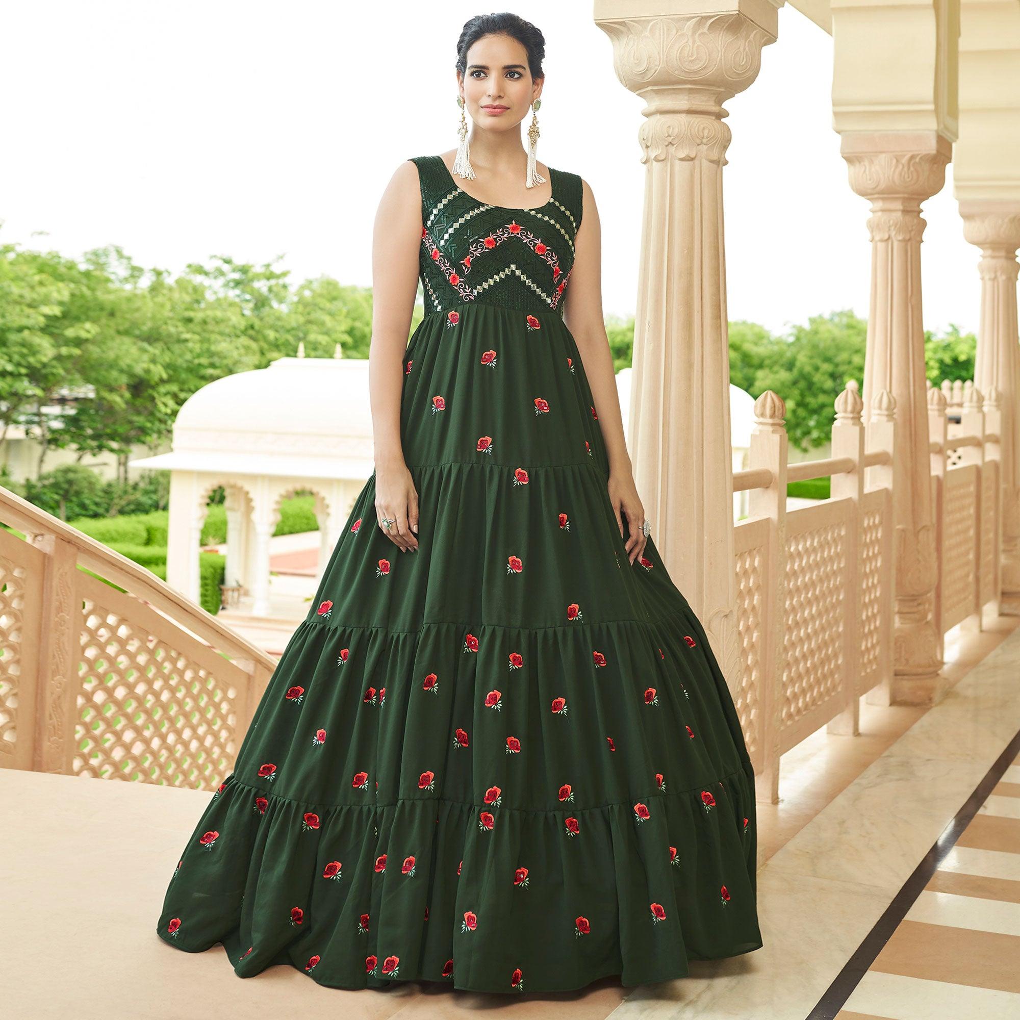 Bottle Green Embroidered Georgette Gown - Peachmode