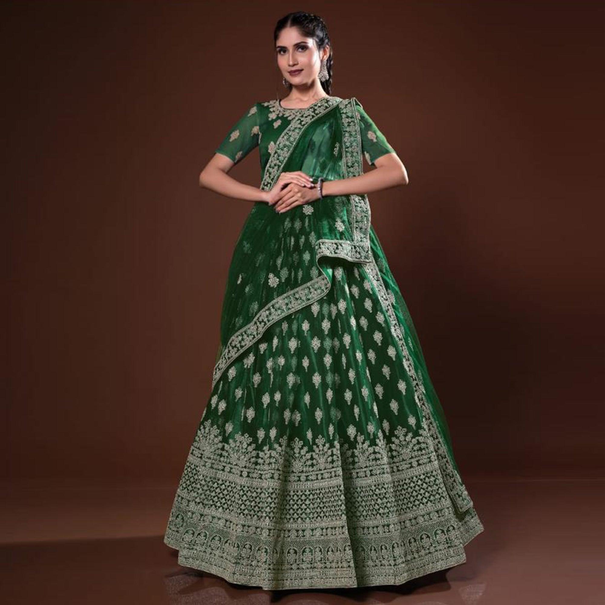 Bottle Green Embroidered Net Lehenga Choli - Peachmode