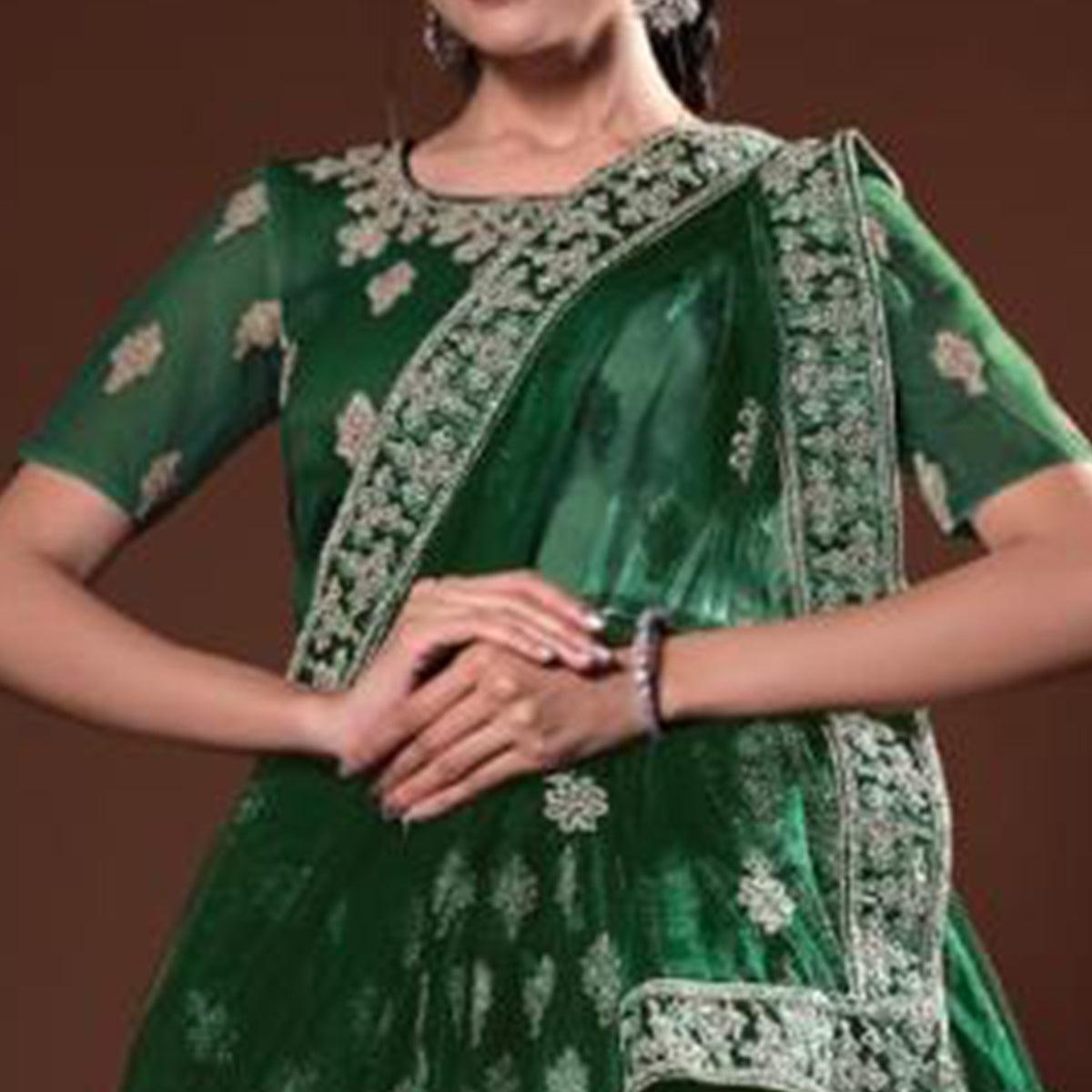 Bottle Green Embroidered Net Lehenga Choli - Peachmode