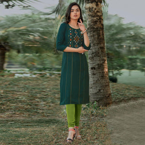 Bottle Green Embroidered Pure Cotton Kurti - Peachmode