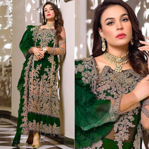 Bottle Green Embroidered Resham Work Georgette Pakistani Suit - Peachmode