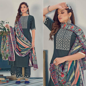 Bottle Green Embroidered With Embellished Chiffon Kurti Pant Set With Dupatta - Peachmode