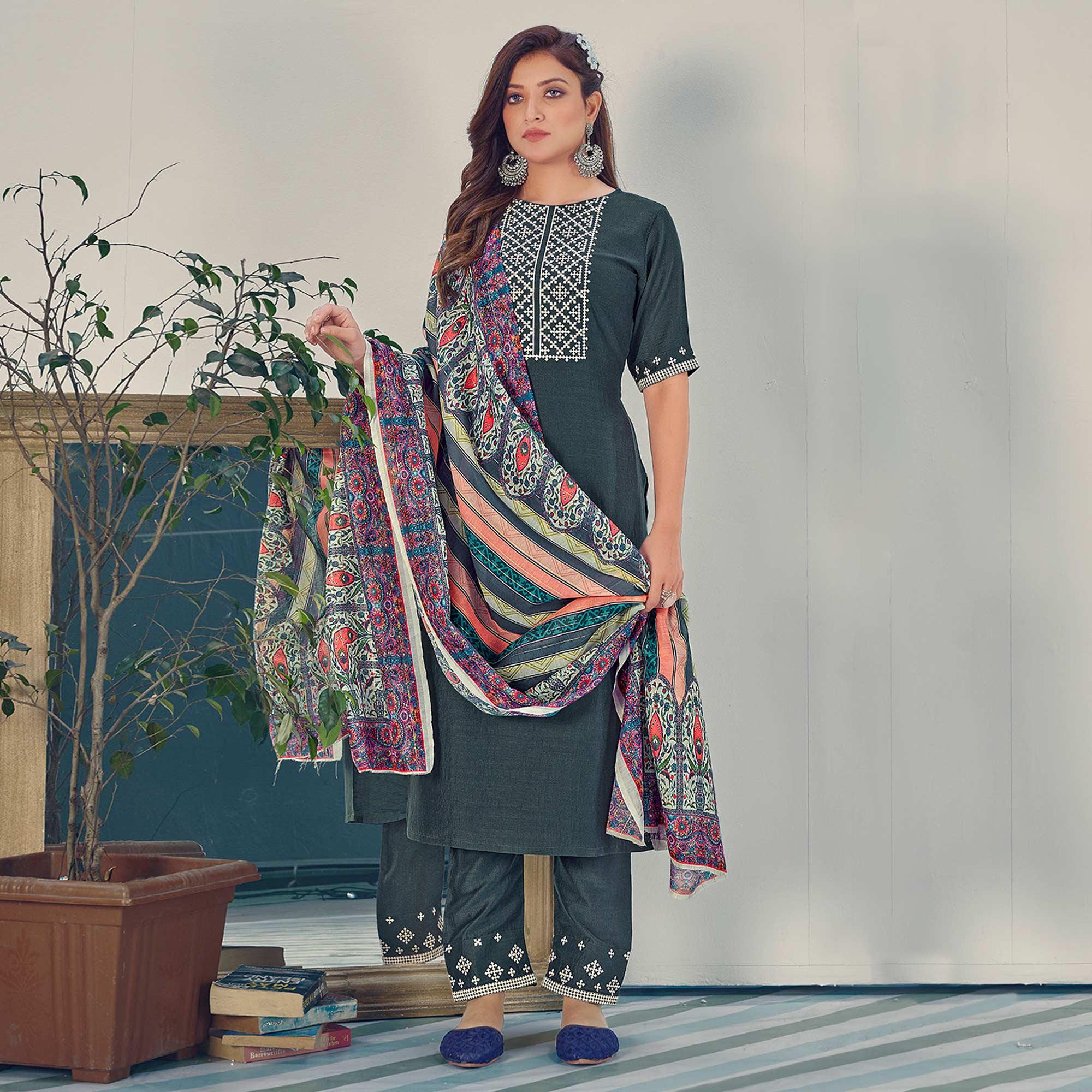 Bottle Green Embroidered With Embellished Chiffon Kurti Pant Set With Dupatta - Peachmode