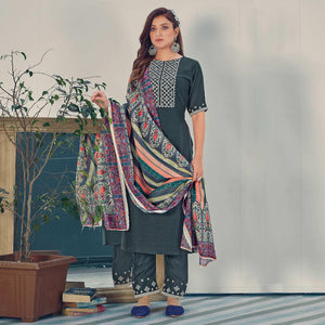 Bottle Green Embroidered With Embellished Chiffon Kurti Pant Set With Dupatta - Peachmode