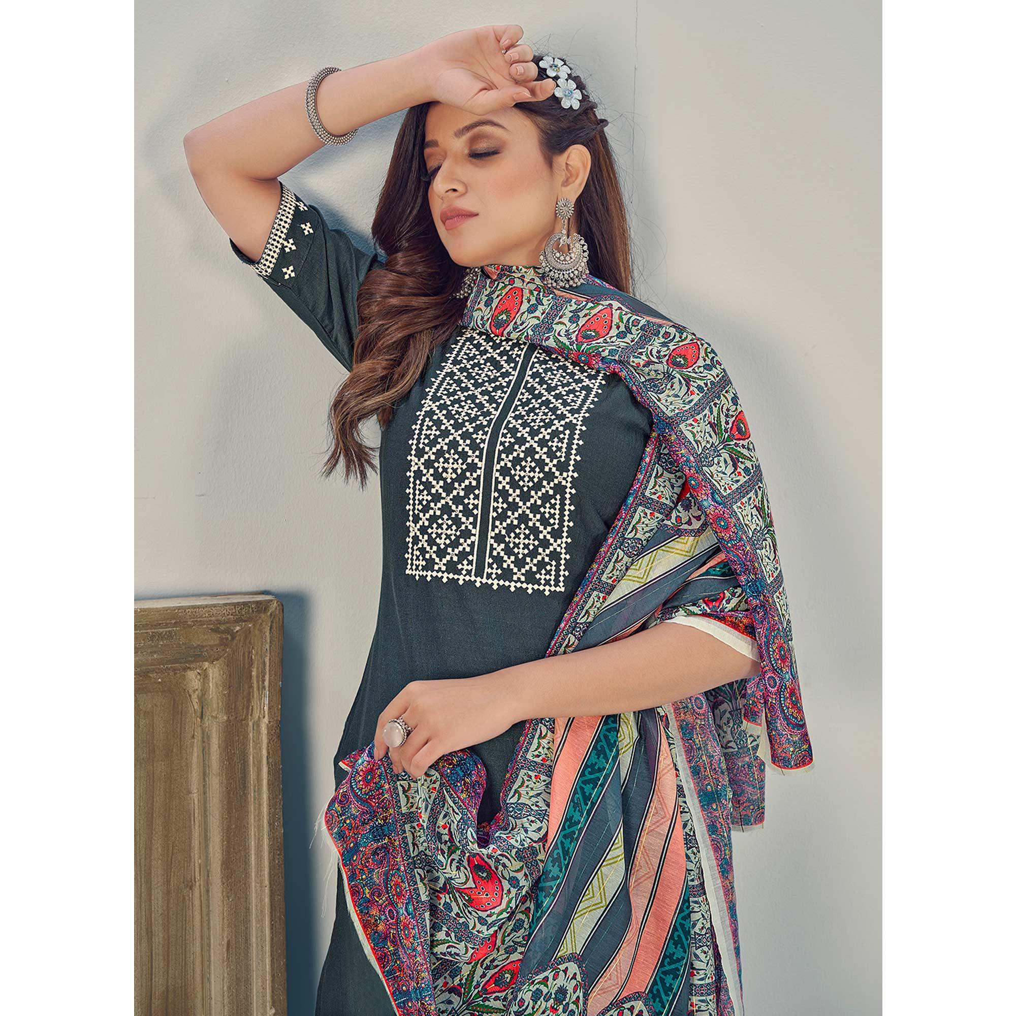 Bottle Green Embroidered With Embellished Chiffon Kurti Pant Set With Dupatta - Peachmode