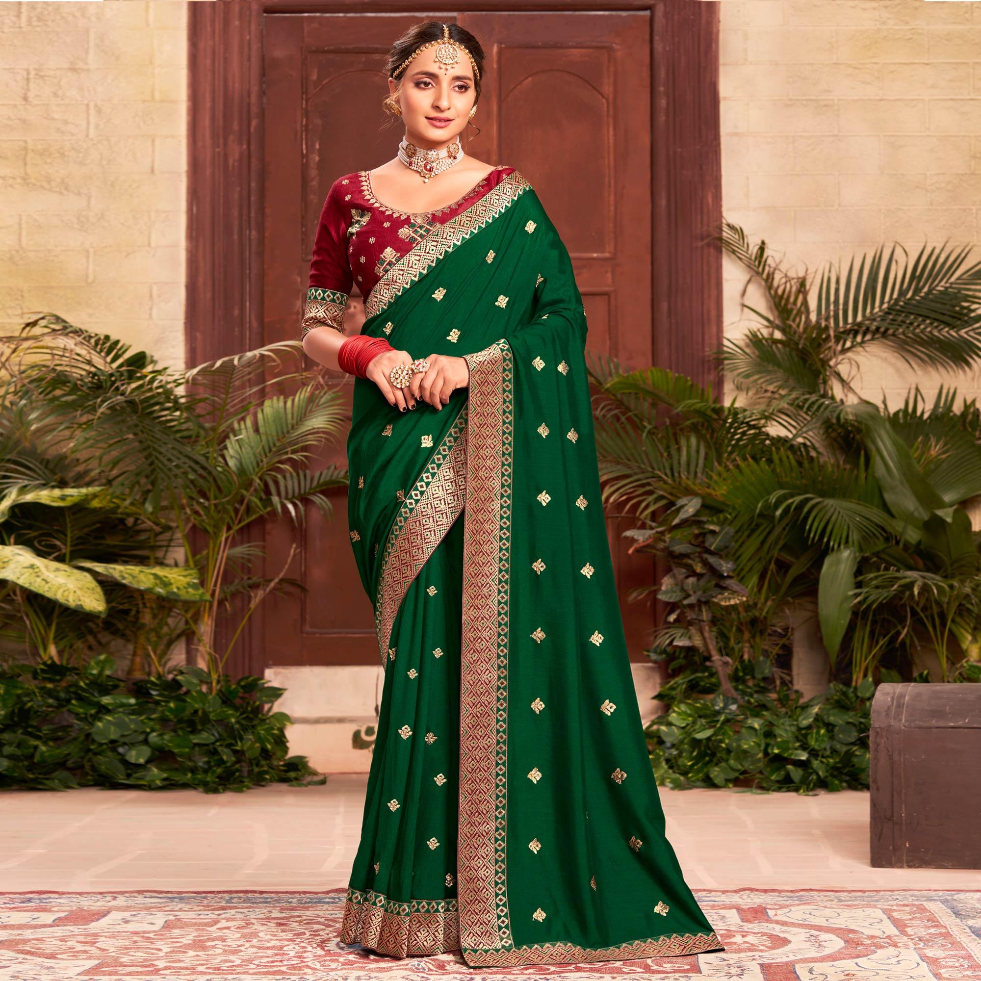 Bottle Green Embroidered With Embellished Vichitra Silk Saree - Peachmode