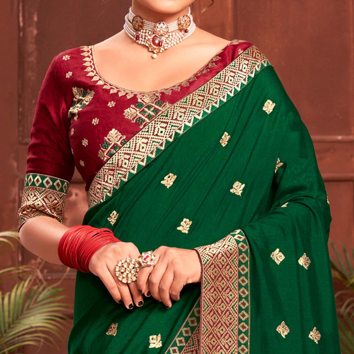 Bottle Green Embroidered With Embellished Vichitra Silk Saree - Peachmode