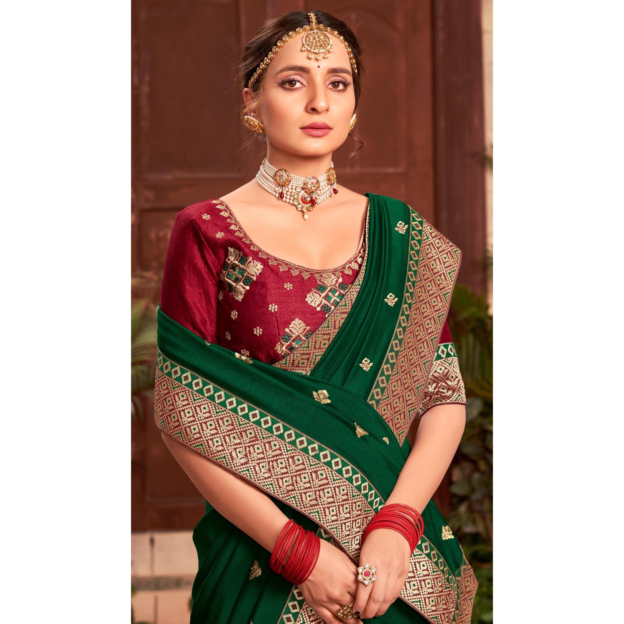 Bottle Green Embroidered With Embellished Vichitra Silk Saree - Peachmode