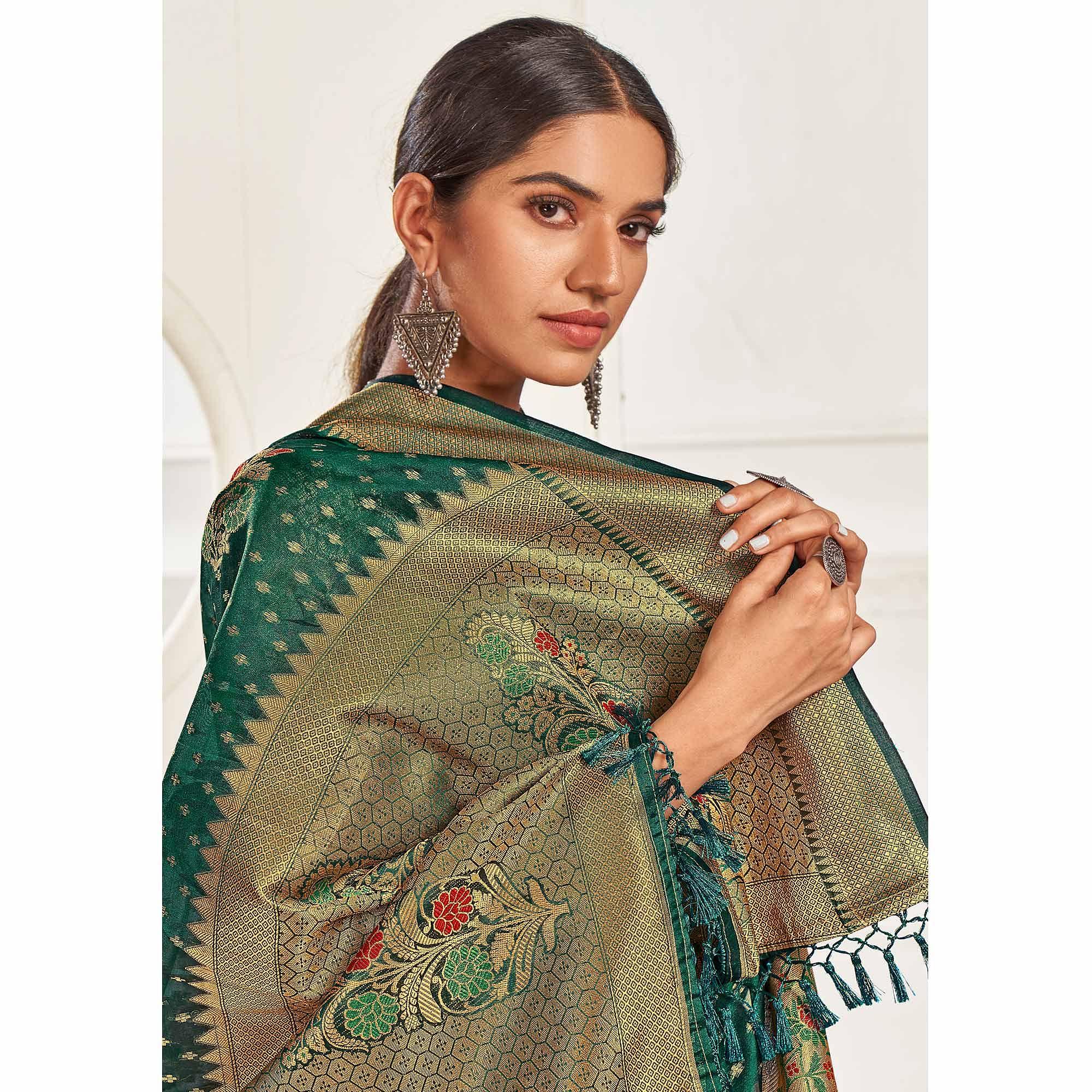 Bottle Green Festive Wear Banarasi Woven Organza Saree - Peachmode