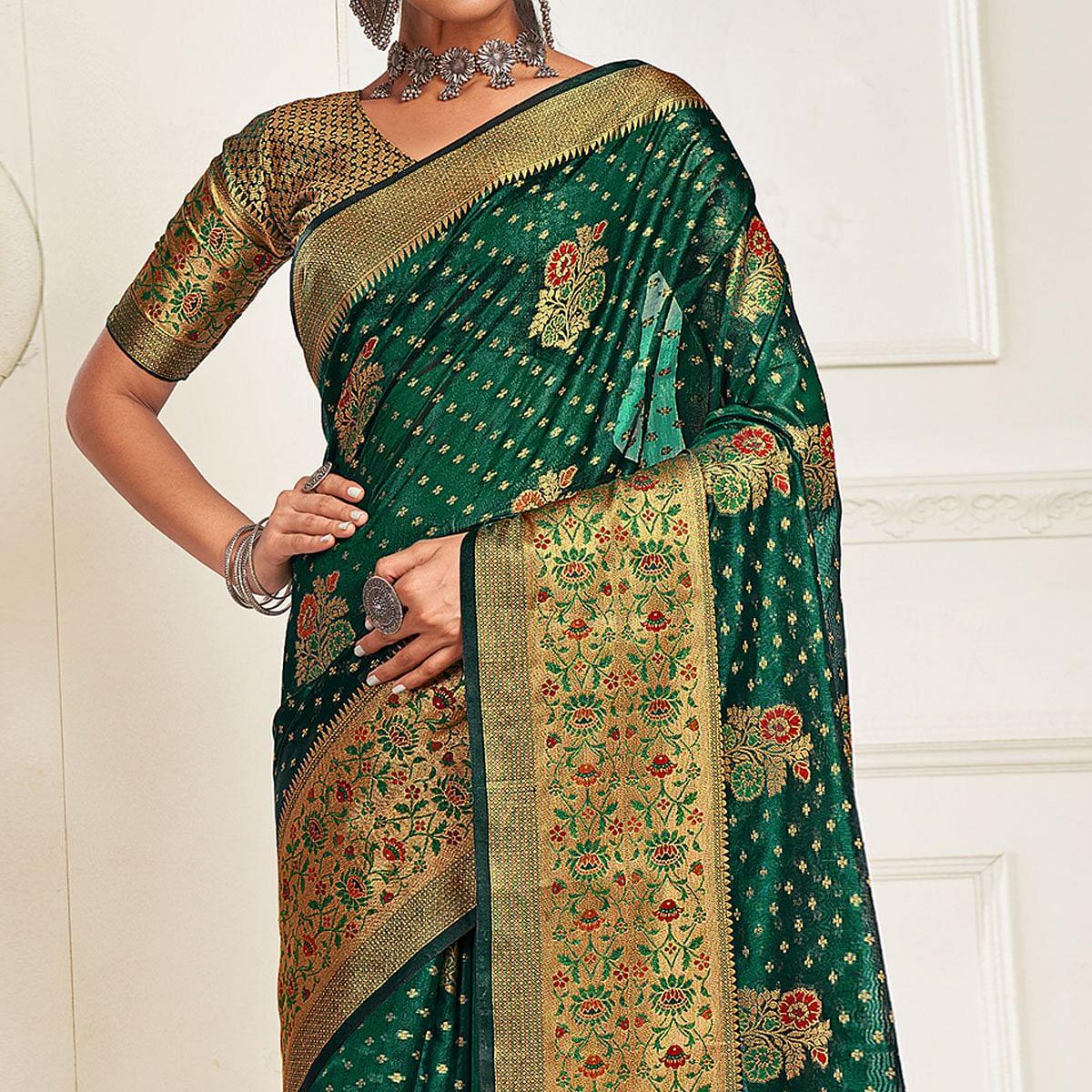 Bottle Green Festive Wear Banarasi Woven Organza Saree - Peachmode