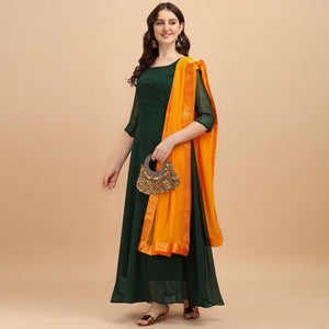 Bottle Green Festive Wear Designer Diamond Work Georgette Long Kurti With Duppata - Peachmode