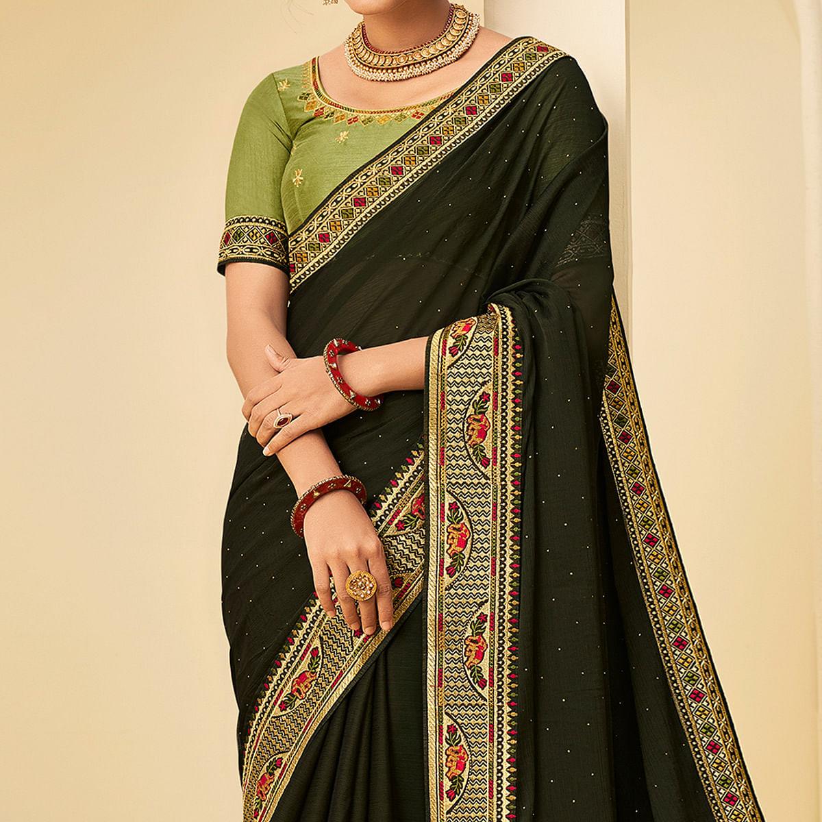 Bottle Green Festive Wear Embellished Chiffon Saree With Heavy Lace - Peachmode