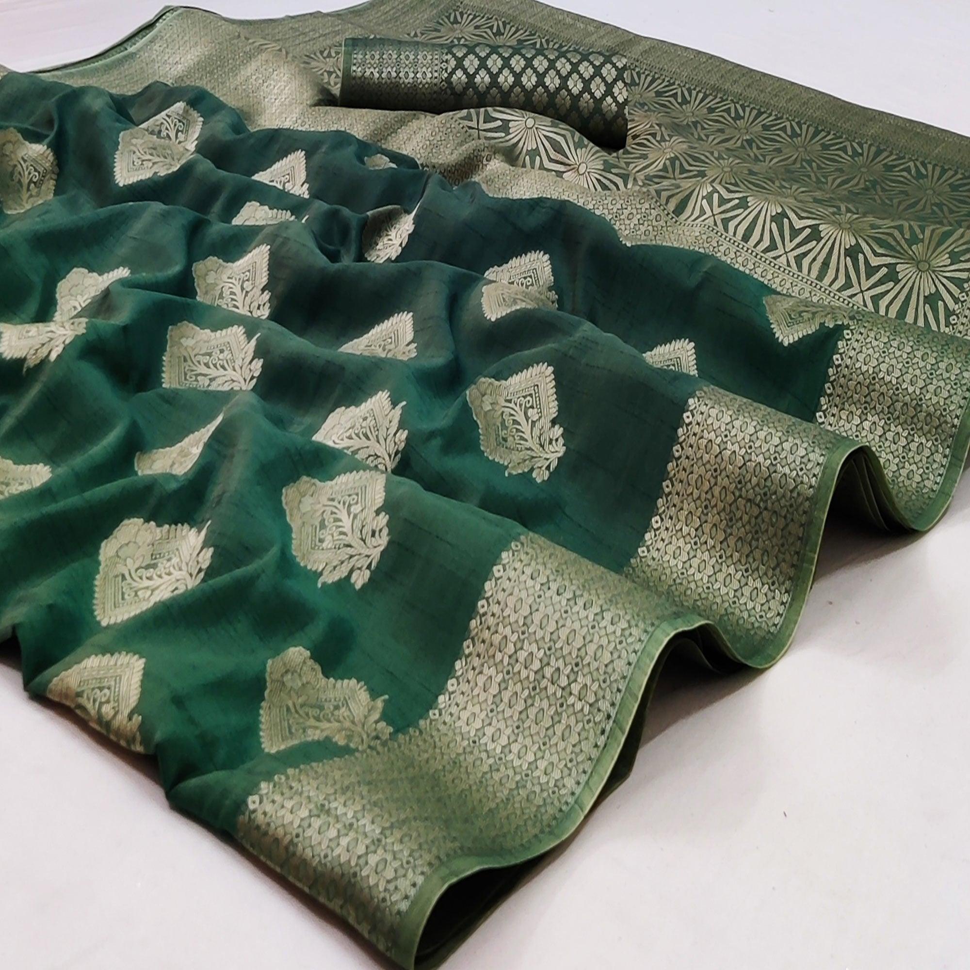Bottle Green Festive Wear Floral Woven Art Silk Saree - Peachmode