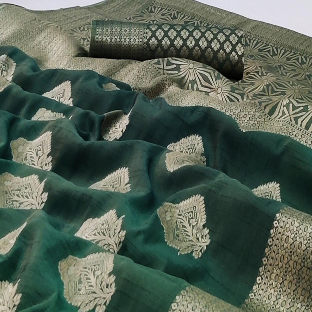 Bottle Green Festive Wear Floral Woven Art Silk Saree - Peachmode