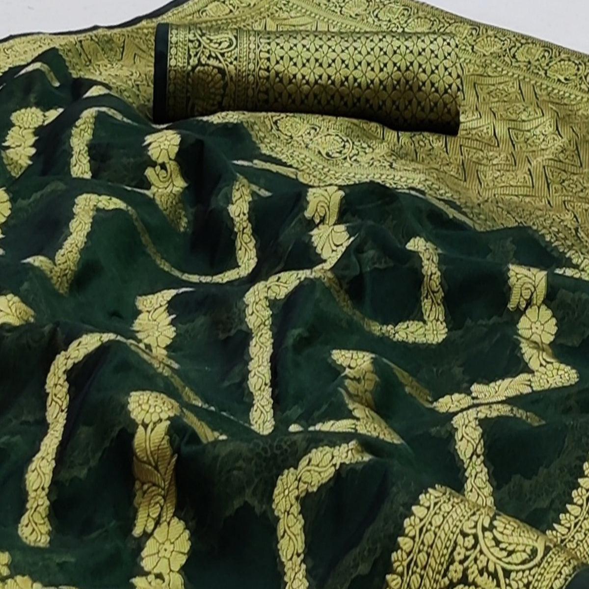 Bottle Green Festive Wear Floral Woven Soft Organza Saree - Peachmode