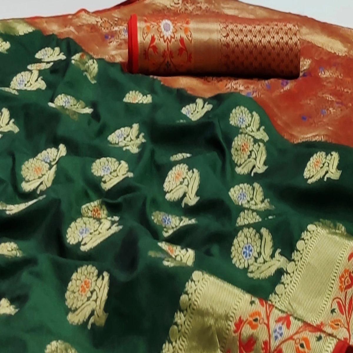 Bottle Green Festive Wear Floral Woven Soft Silk Saree With Jacquard Border - Peachmode