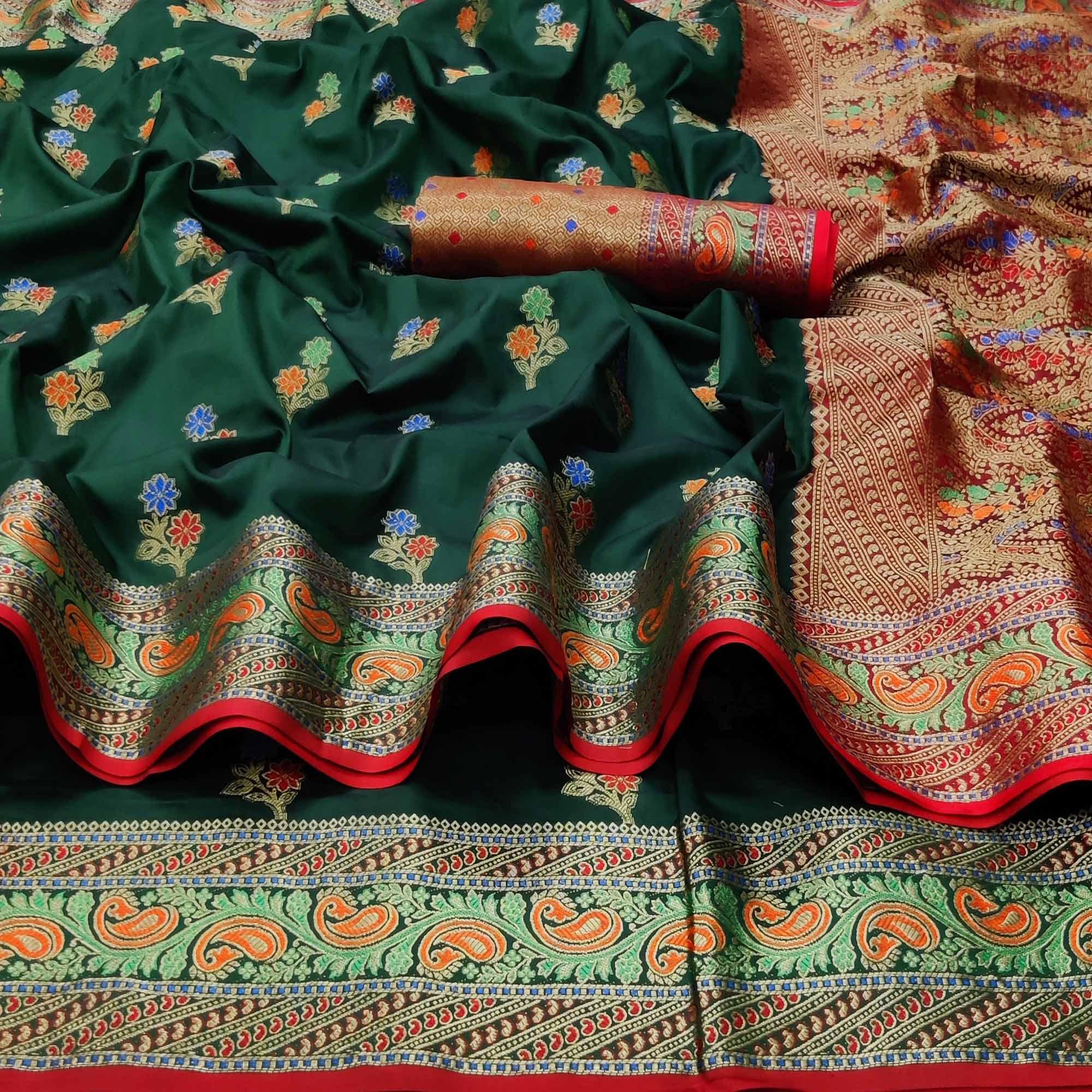 Bottle Green Festive Wear Floral Woven Soft Silk Saree With Jacquard Border - Peachmode