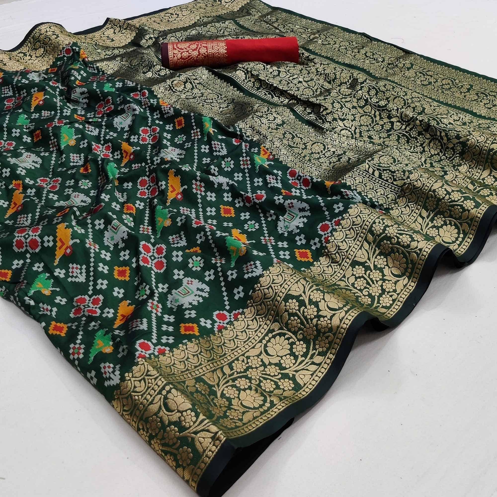 Bottle Green Festive Wear Patola Printed Art Silk Saree - Peachmode