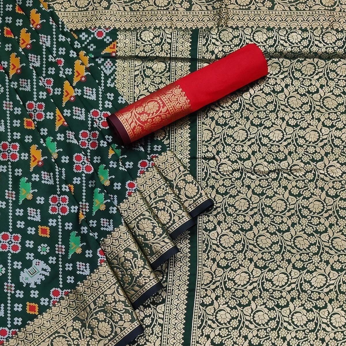 Bottle Green Festive Wear Patola Printed Art Silk Saree - Peachmode