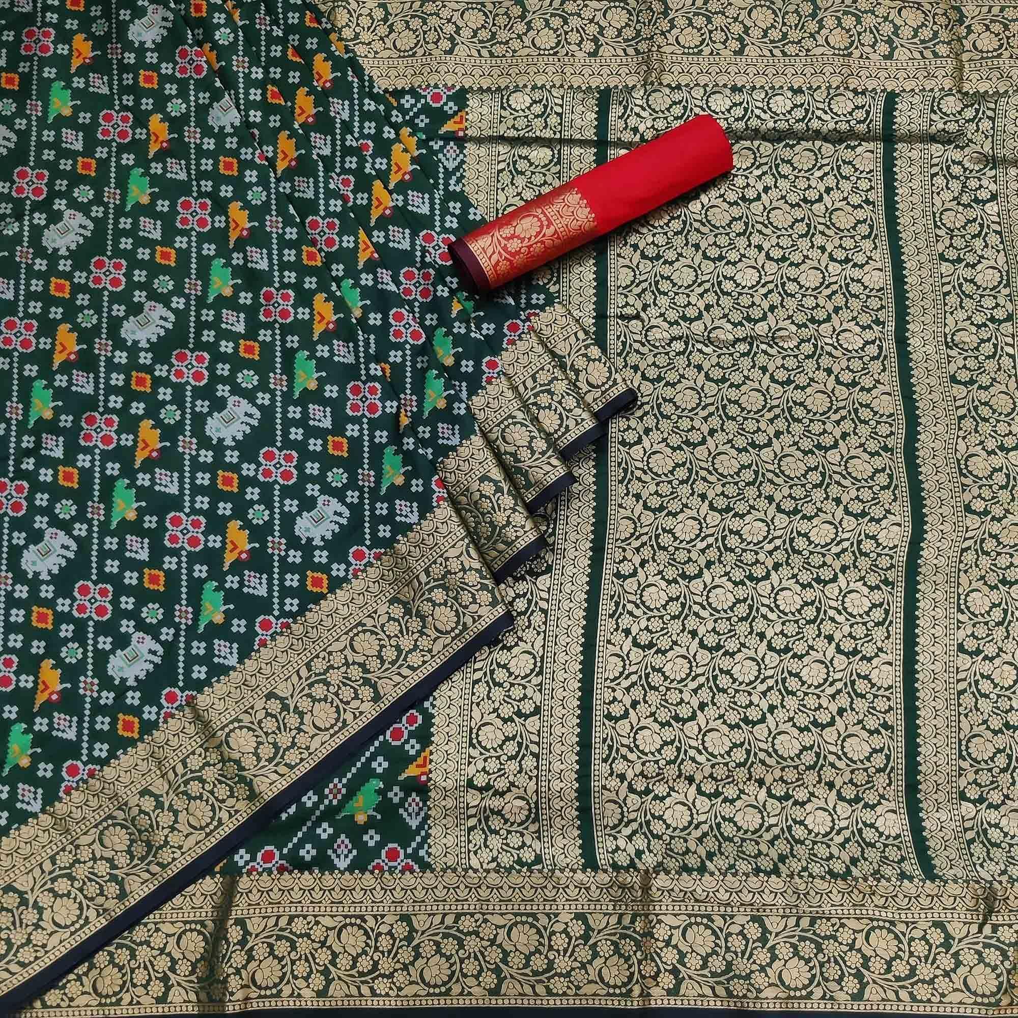 Bottle Green Festive Wear Patola Printed Art Silk Saree - Peachmode