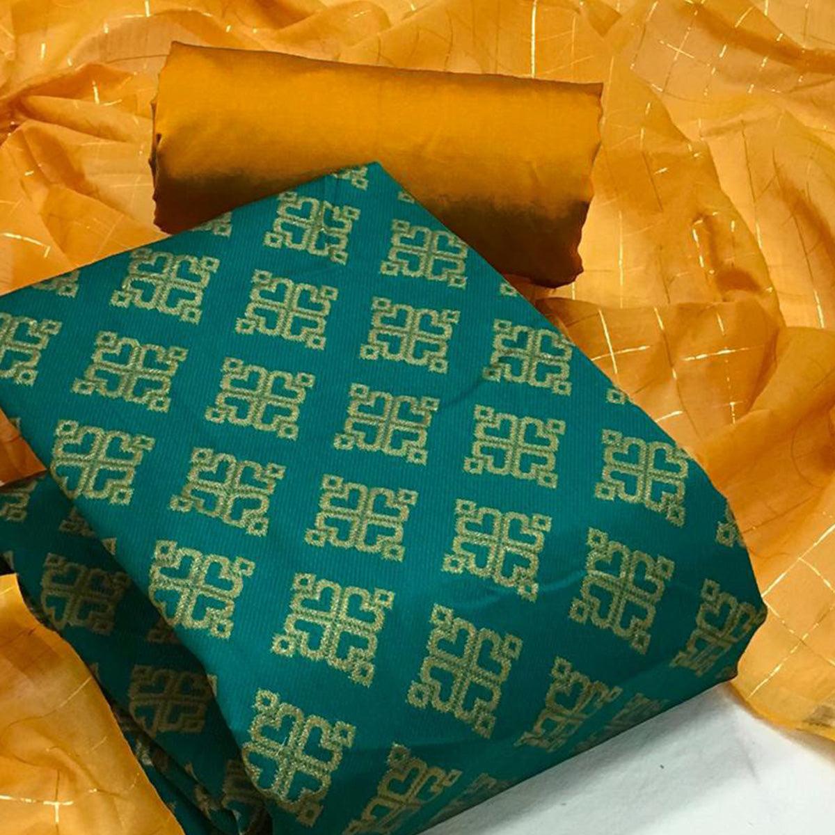 Bottle Green Festive Wear Woven Banarasi Silk Dress Material - Peachmode