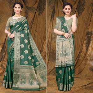Bottle Green Festive Wear Woven Raw Silk Saree - Peachmode