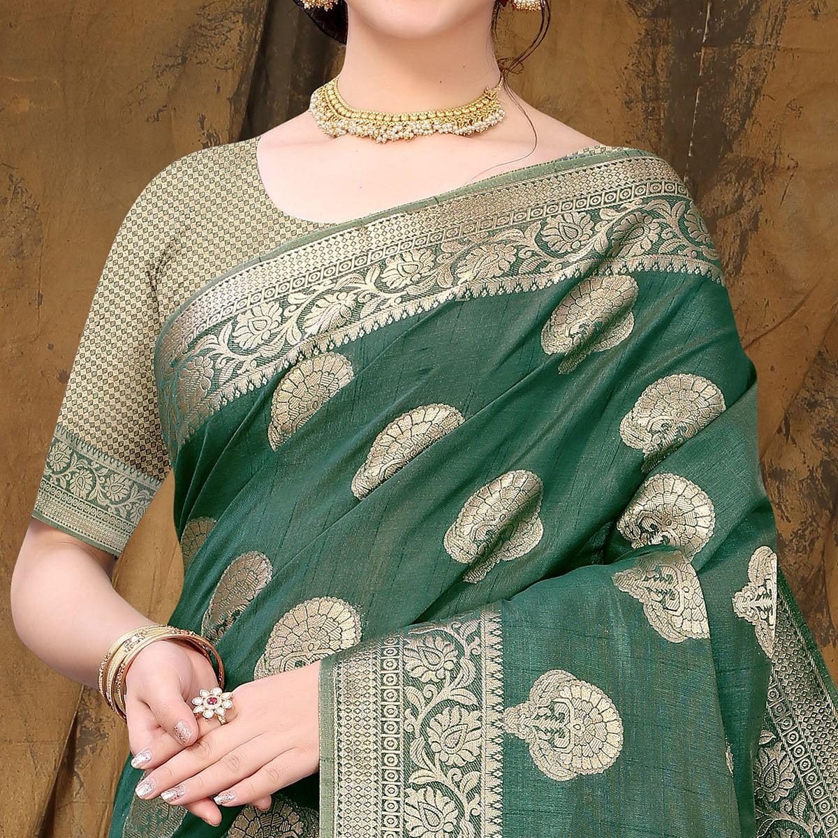 Bottle Green Festive Wear Woven Raw Silk Saree - Peachmode